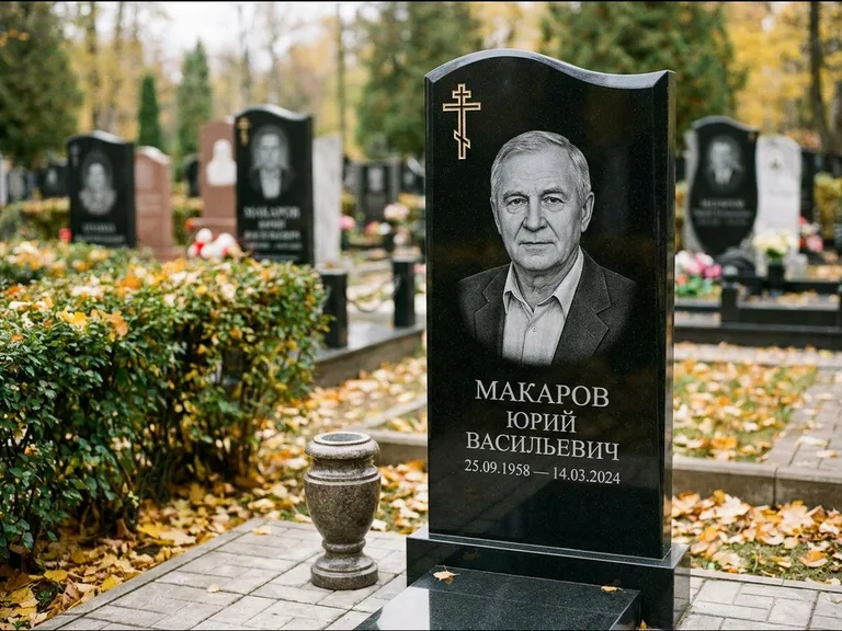 Памятник из чёрного гранита — фигурная стела с киот-нишей с процветшим крестом с виноградной лозой, работа «Богданов» в Ульяновске
