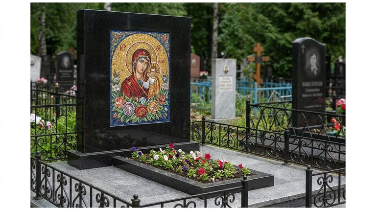 Мозаика на памятник в Ульяновске — цветное панно из смальты на чёрной гранитной стеле