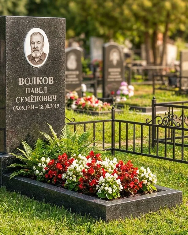 Тёмно-серый памятник под ключ с художественной гравировкой в Ульяновске