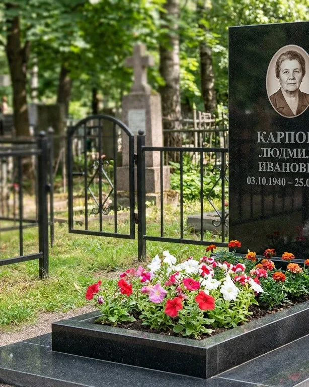 Памятник под ключ с низкой оградой и цветником в Ульяновске