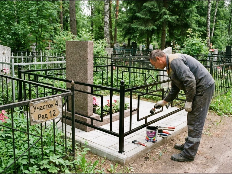 Покраска оградки на кладбище в Ульяновске — мастер красит металлическую ограду на могиле чёрной эмалью