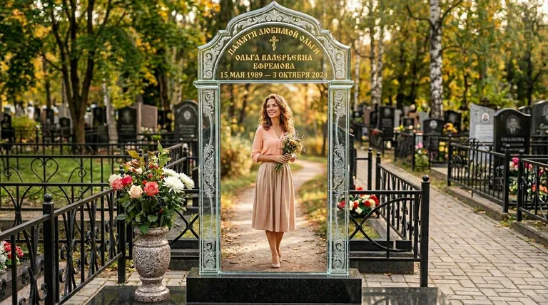 Портрет на стекле в форме арки на памятнике в Ульяновске