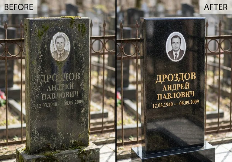 Чистка и полировка гранитного памятника: до и после в Ульяновске
