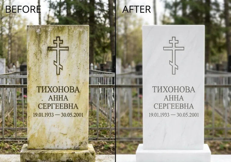 Восстановление мраморного надгробия от желтизны: до и после в Ульяновске