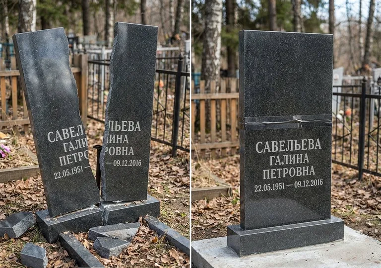 Склейка расколотого гранитного памятника: до и после в Ульяновске