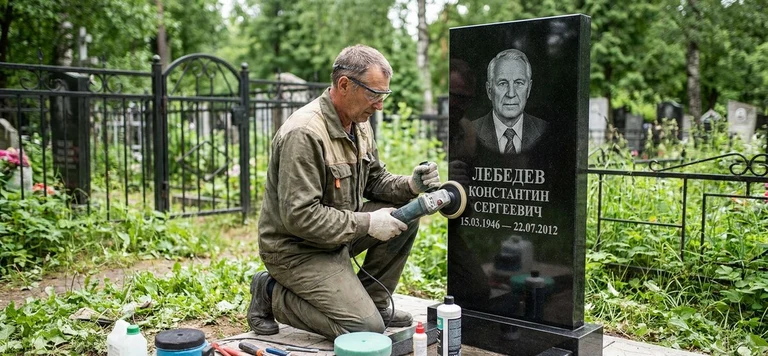 Реставрация памятника в Ульяновске — восстановление гранита, заделка трещин и обновление надписей на кладбище