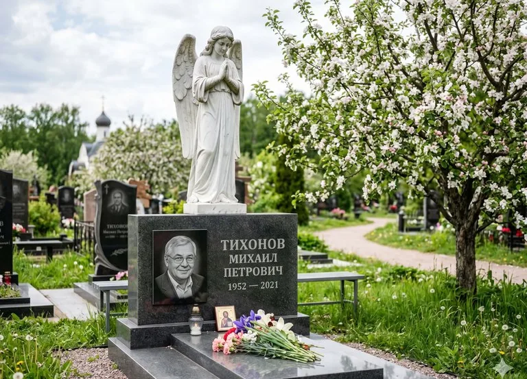 Мраморный молящийся ангел на гранитном памятнике весной в Ульяновске