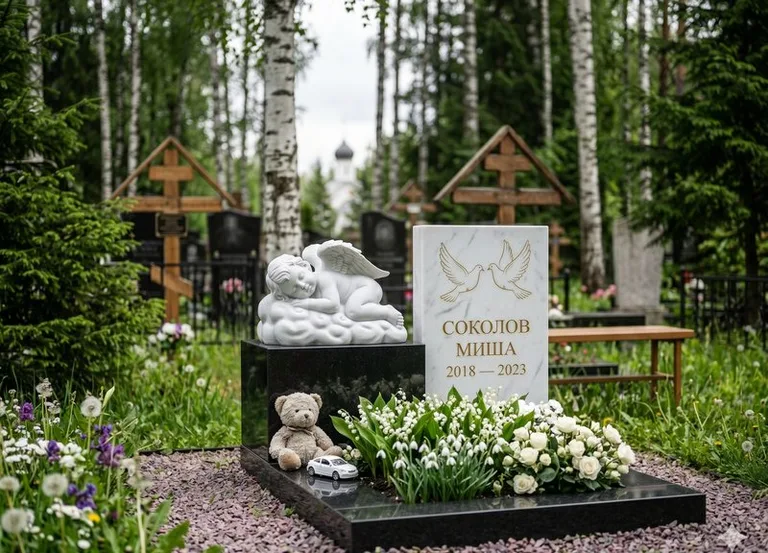 Белый ангелочек на детском памятнике в Ульяновске