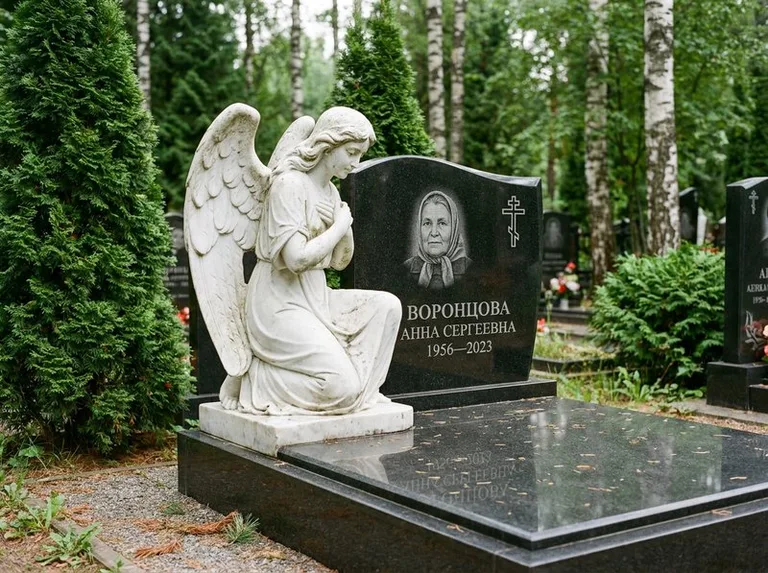Белый мраморный ангел на гранитном памятнике в Ульяновске