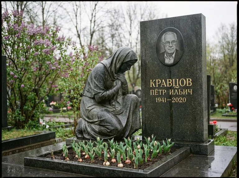 Гранитная скорбящая фигура у стелы на кладбище в Ульяновске