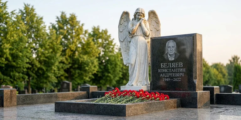 Скульптура на памятник в Ульяновске — мраморный ангел на гранитном мемориале