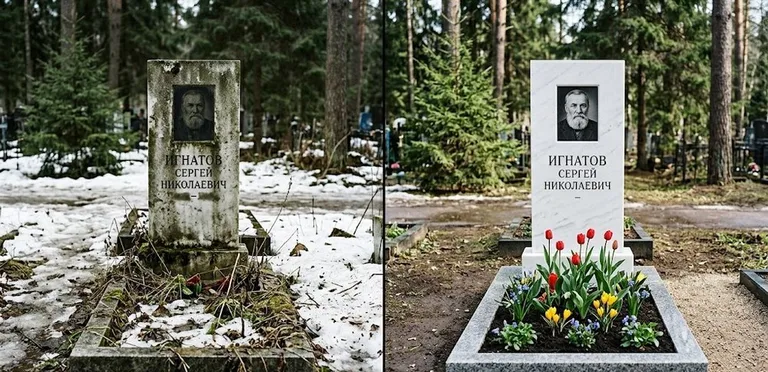 Диптих №6: высадка хризантем у подножия серого гранита — до и после уборки в Ульяновске
