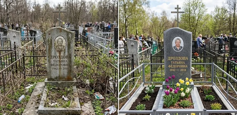 Диптих №4: свежепокрашенная серебром оградка и отмытый красный гранит — до и после в Ульяновске