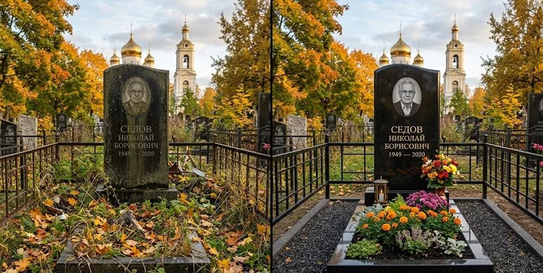 Уборка могилы до и после осенью — у церкви в Ульяновске