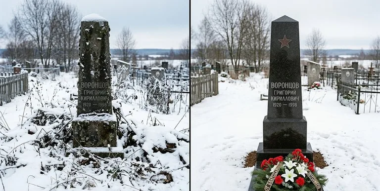 Уборка могилы до и после зимой — воинский обелиск в Ульяновске