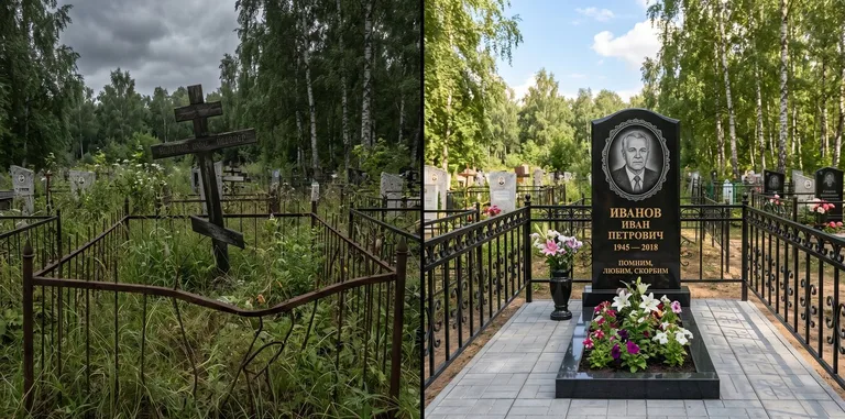 Благоустройство могилы до и после установки памятника в Ульяновске