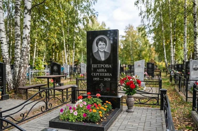 Гранитный памятник с цветником и плиткой в Ульяновске