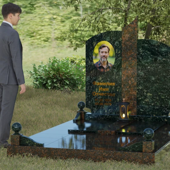 Гранитный памятник с дугообразными завершениями и колонной, гранит Балтик грин, вид 4