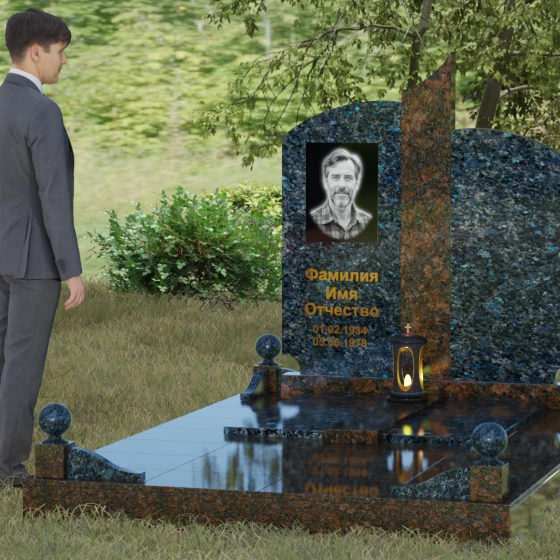 Гранитный памятник с дугообразными завершениями и колонной, гранит Блю Перл, вид 4