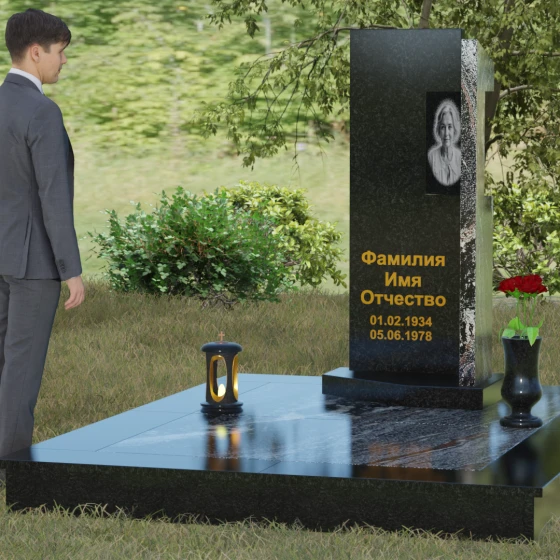 Вертикальный памятник со ступенчатым вырезом, гранит Габбро-диабаз, вид 4