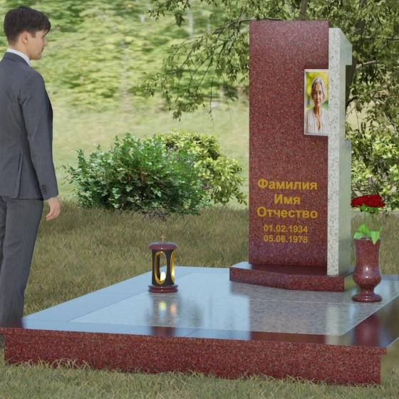 Вертикальный памятник со ступенчатым вырезом, гранит Лезниковский, вид 4