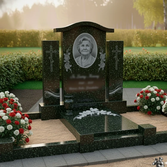 Памятник с арочной стелой и колоннами, гранит Балтик грин