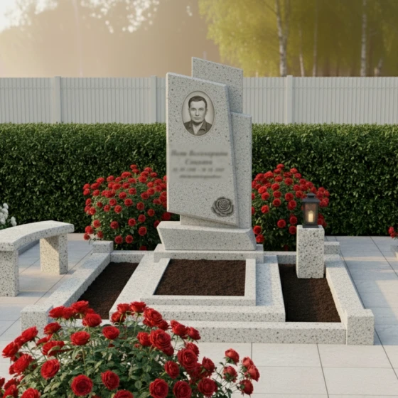 Мемориальная композиция с розой и асимметричными блоками, гранит Мансуровский