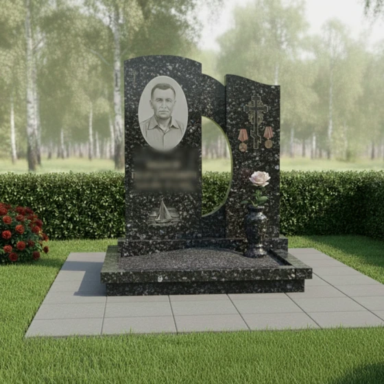 Гранитный памятник с асимметричными стелами и круглым вырезом, гранит Блю Перл