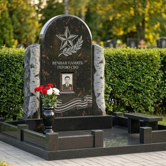 Гранитная мемориальная композиция с аркой и звездой, гранит амфиболит