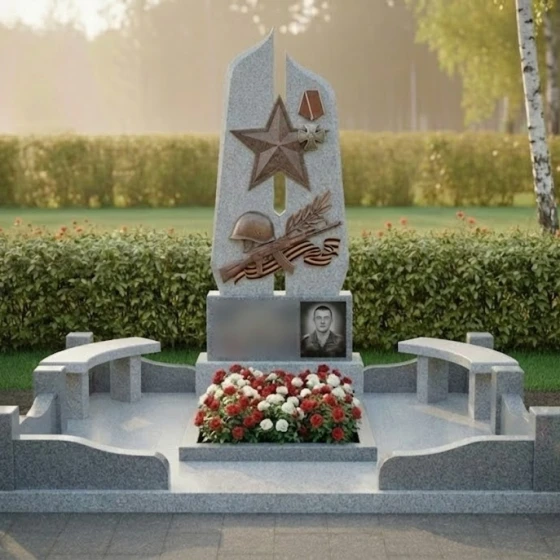 Гранитная стела с звездой современного дизайна в Москве, гранит Мансуровский