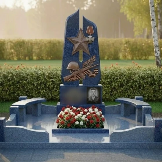 Гранитная стела с звездой современного дизайна в Москве, гранит Блю Перл
