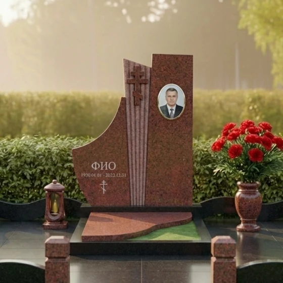 Памятник с рельефным православным крестом, гранит Лезниковский