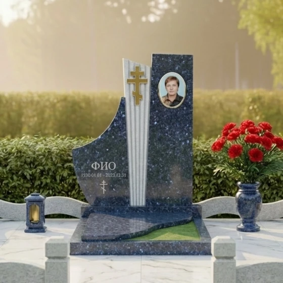 Памятник с рельефным православным крестом, гранит Блю Перл