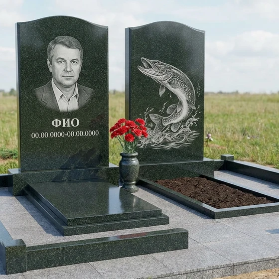 Гранитный памятник рыбаку в форме арки с речным сюжетом