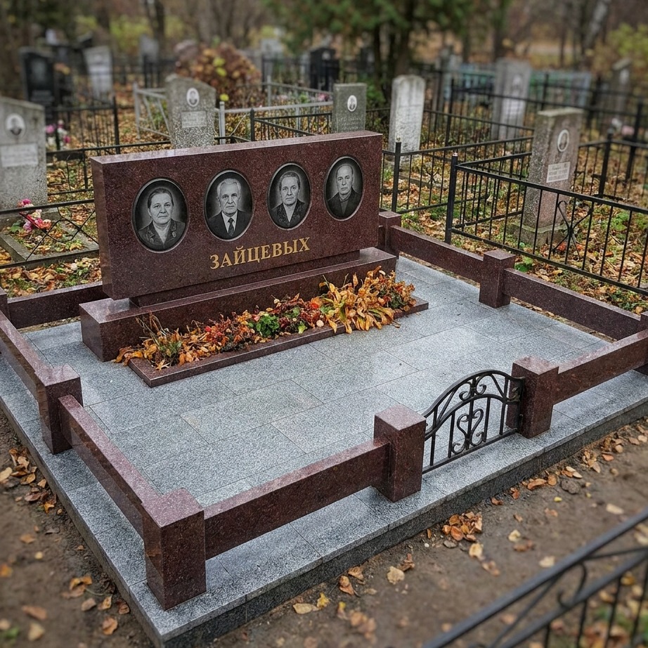 Пример дизайна: Семейный памятник на четверых из красного гранита — фото и цена