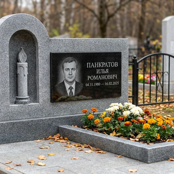 Мемориал с зажженной свечой из мансуровского гранита