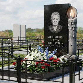 Стела с горящей свечой из черного габбро-диабаза с портретом