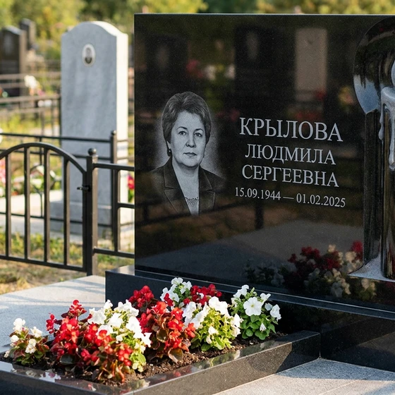 Памятник с пламенем свечи из габбро-диабаза с портретом