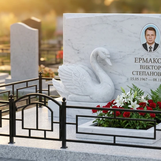 памятник с лебедем из белого мрамора вертикальная стела
