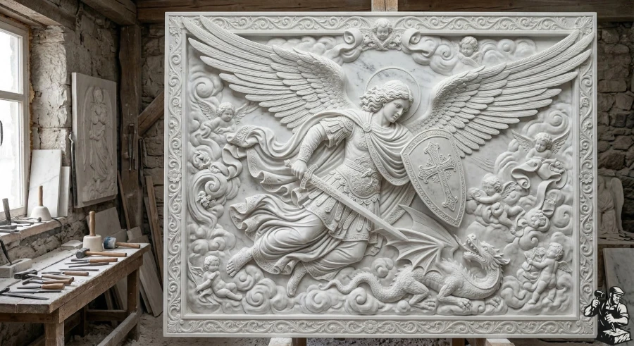 mramornyy-barelyef-angel-pobezhdayushchiy-drakona