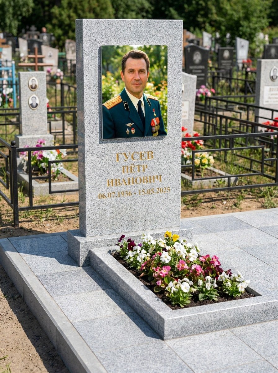 Портрет на памятнике в Ульяновске — Прямоугольник на гранитной стеле, ФИО и даты на портрете